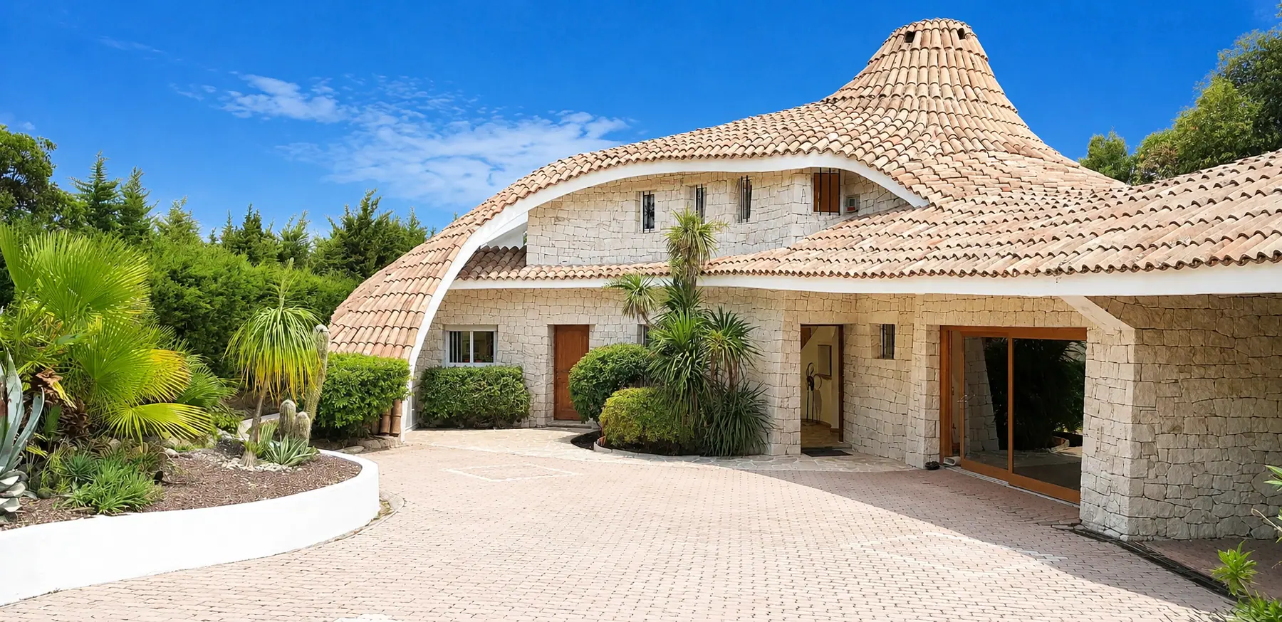 Organic stone entrance of Villa Oxygène